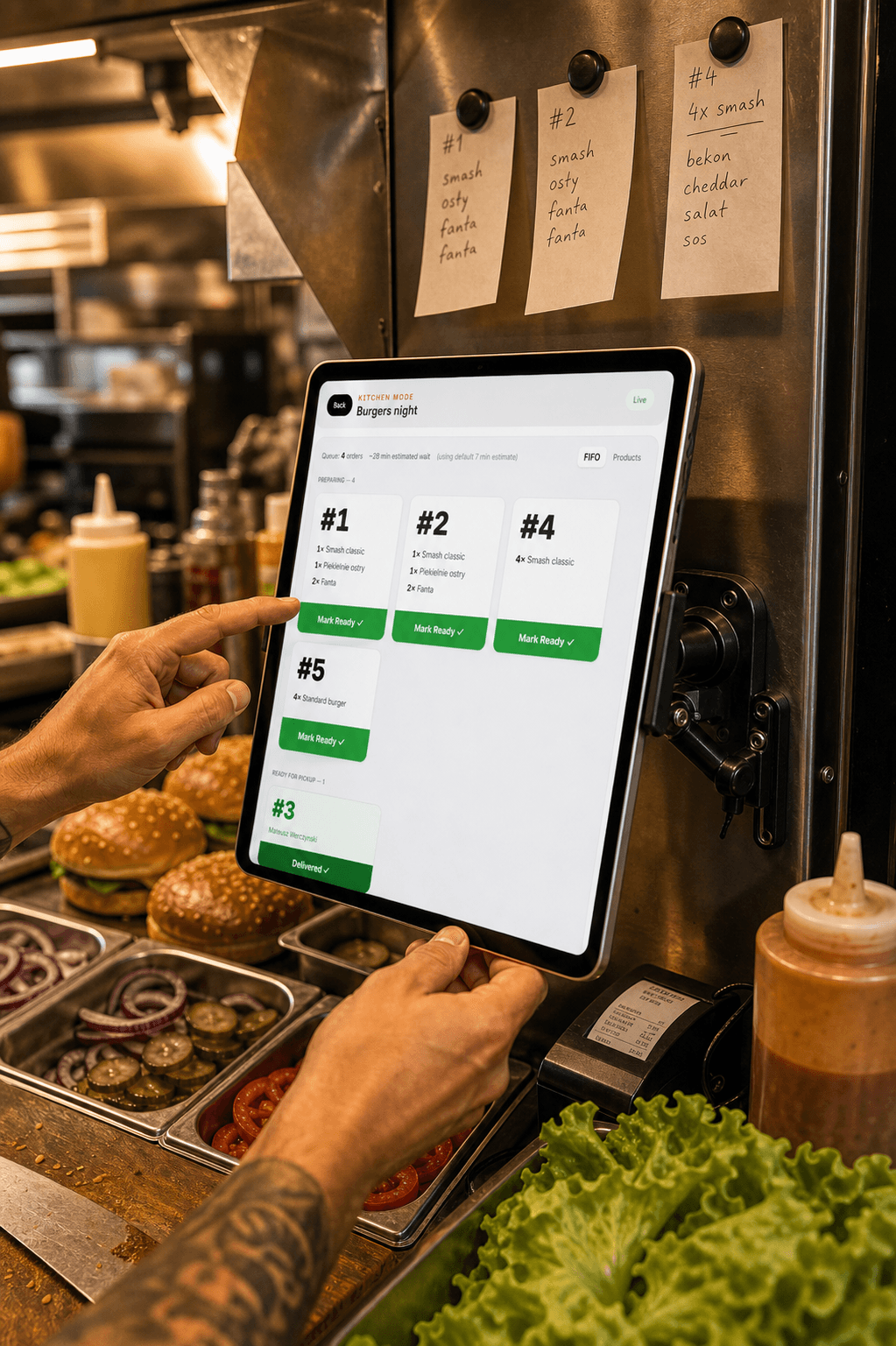 Obsługa food trucka korzystająca z realnego panelu kitchen mode pikmi na tablecie