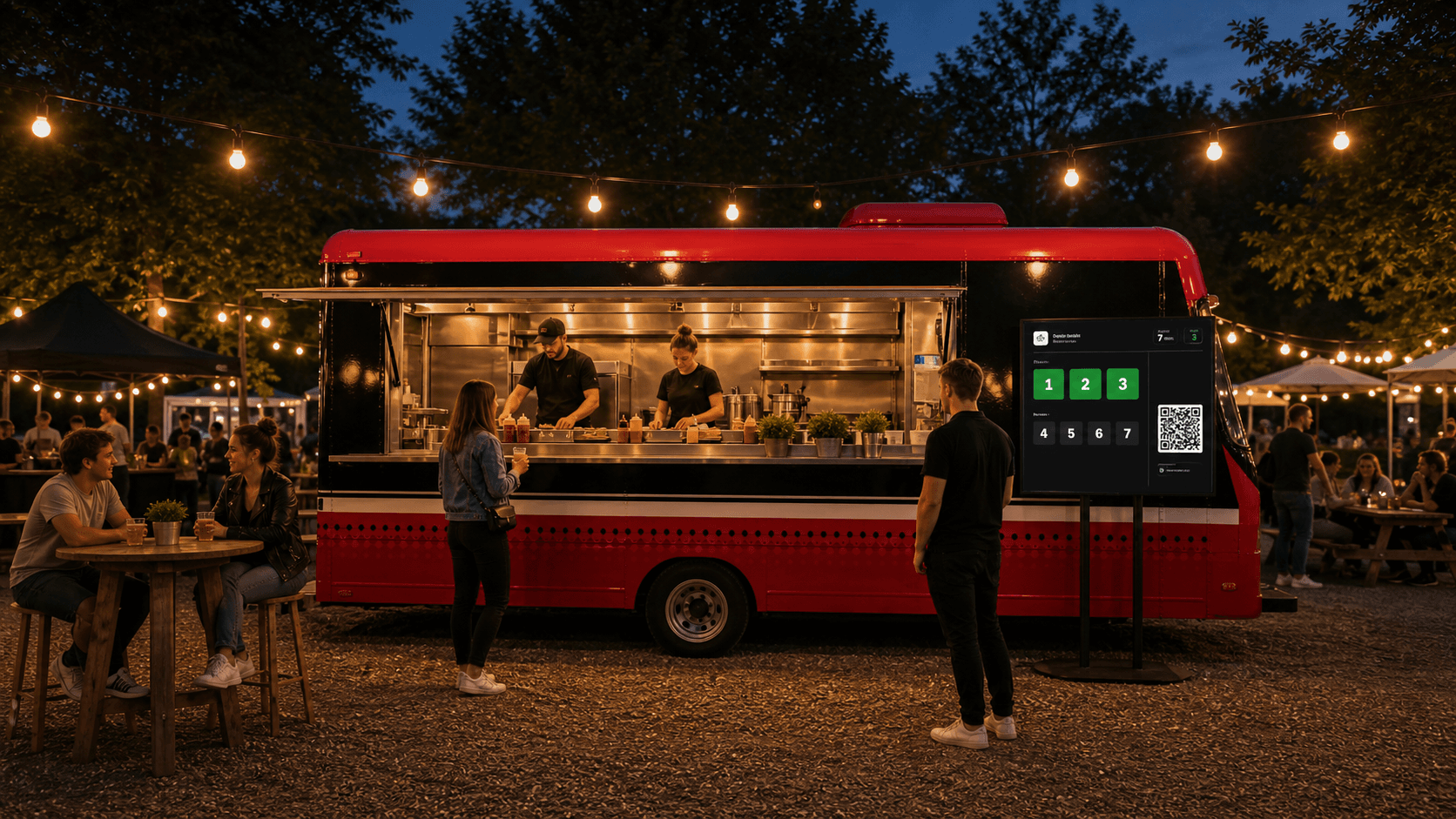 Ekran odbioru zawieszony przy food trucku bez kolejki przy okienku