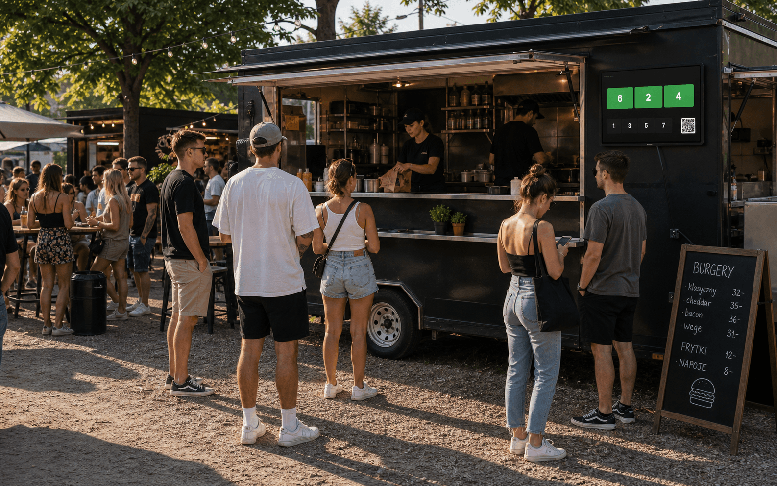 Strefa food z food truckiem i ekranem odbioru