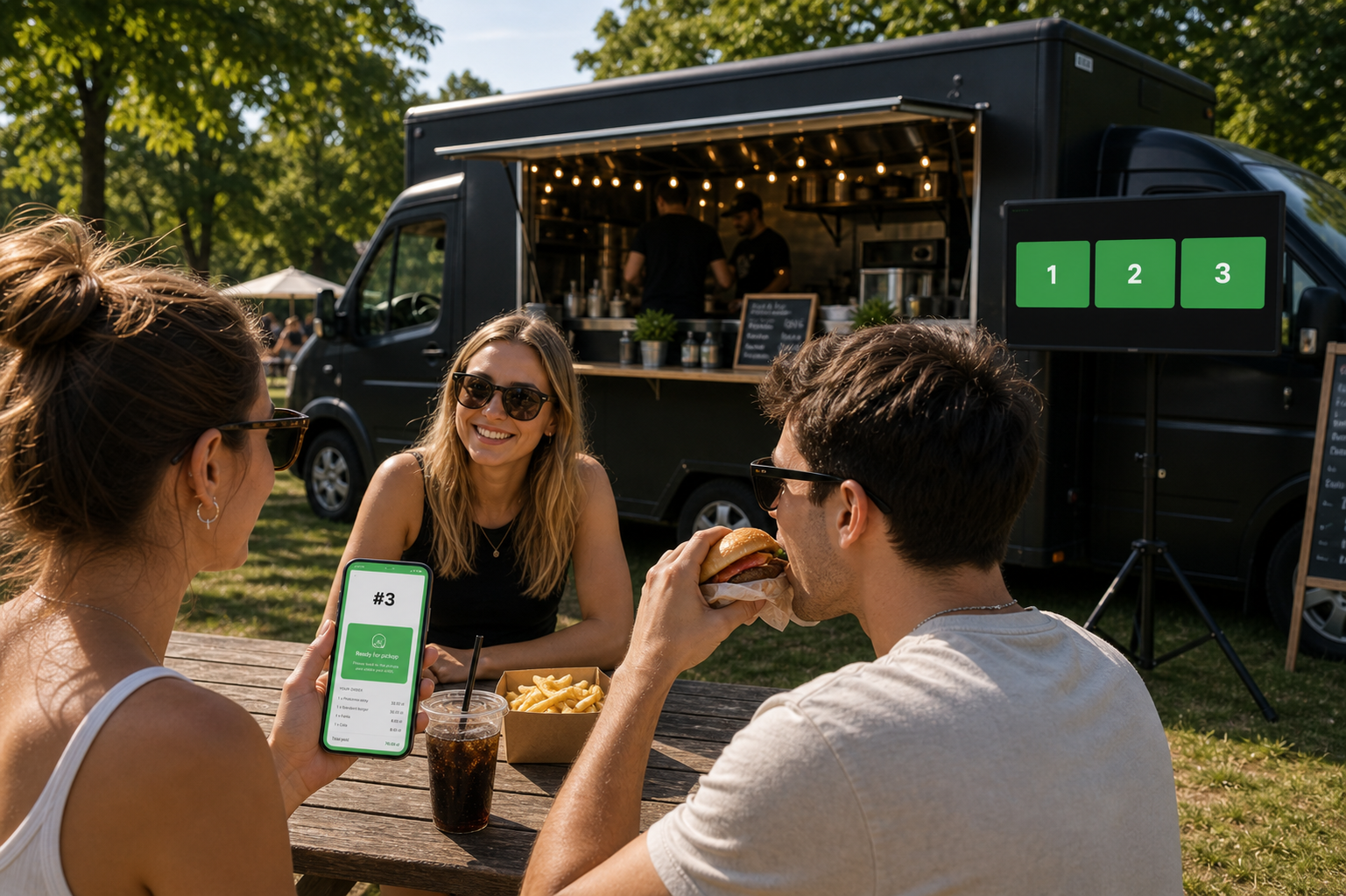 Klienci siedzący w parku przy food trucku, z telefonem pokazującym status zamówienia